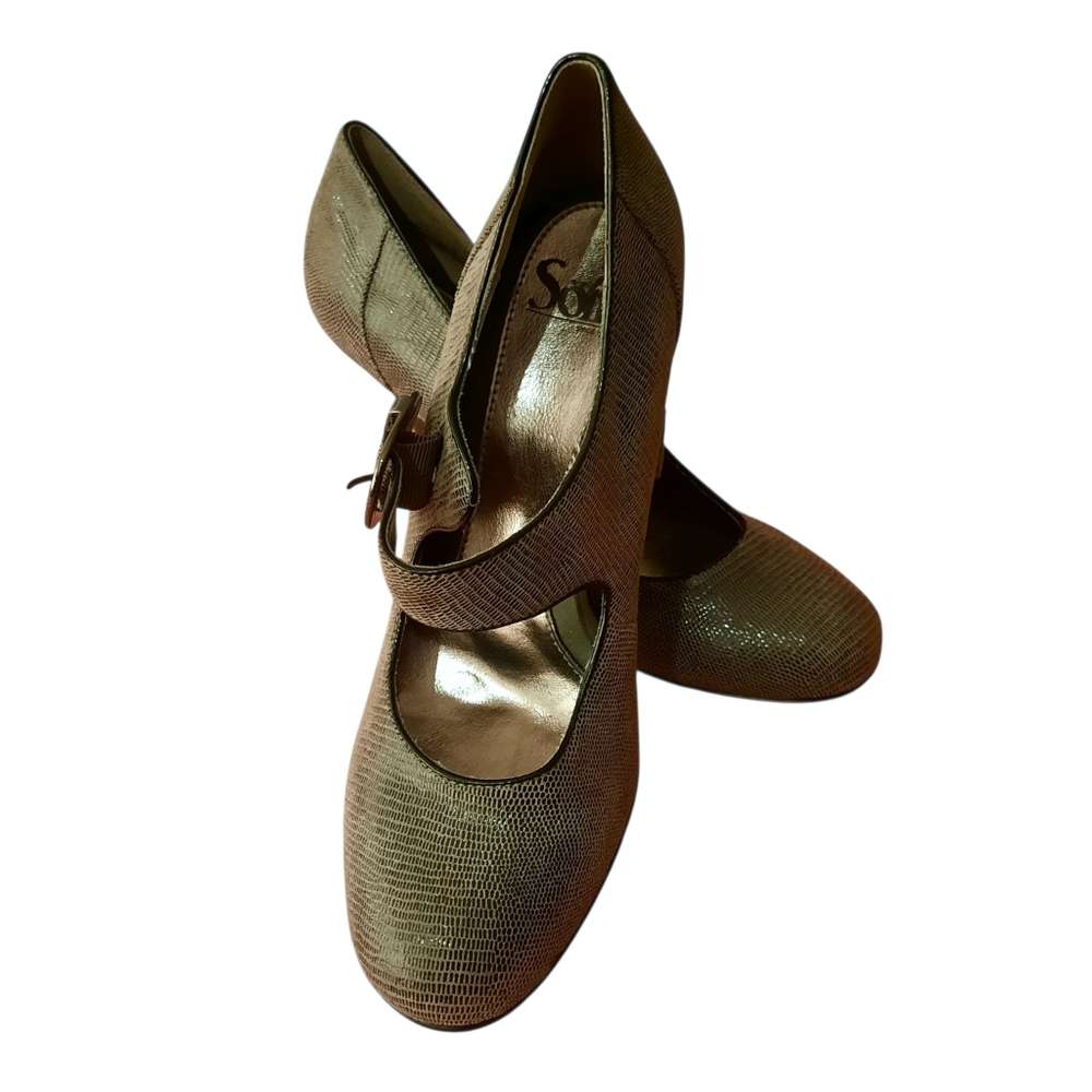 New SOFFT Farisi Mary Jane Lizard Embossed Leather Pumps Grey Sz 10